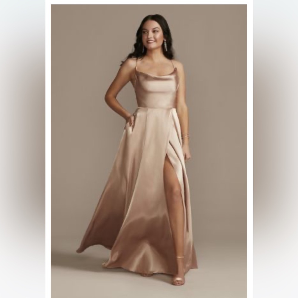 David’s Bridal sand color scoop neck dress. Back is a criss cross.